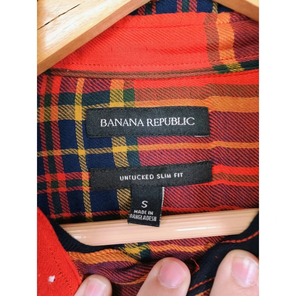 Lumberjack Banana Republic Mens S Red Plaid Untucked Slim Fit Cotton Button Down